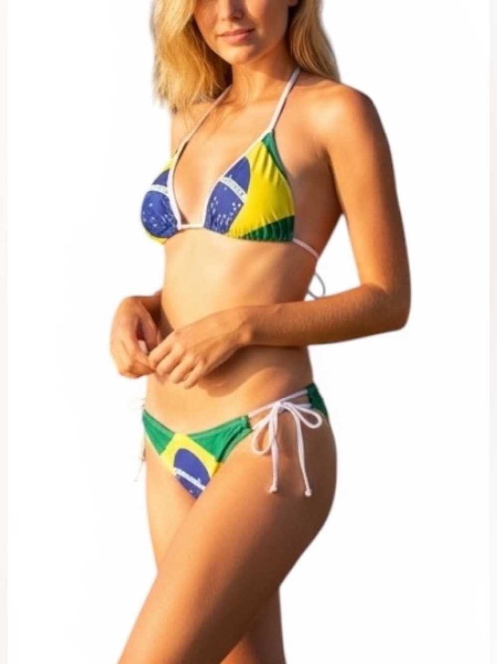 Brazil Flag String Bikini Set Green Yellow Ruched Scrunch Butt Cheeky Sz L , M